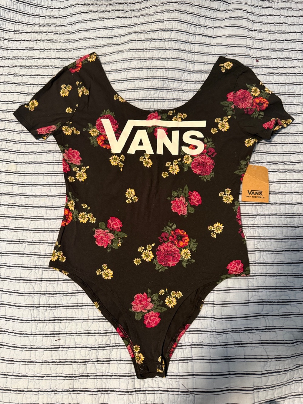 Vans Black Floral Logo One-Piece Bodysuit with Pink & Yellow Flowers